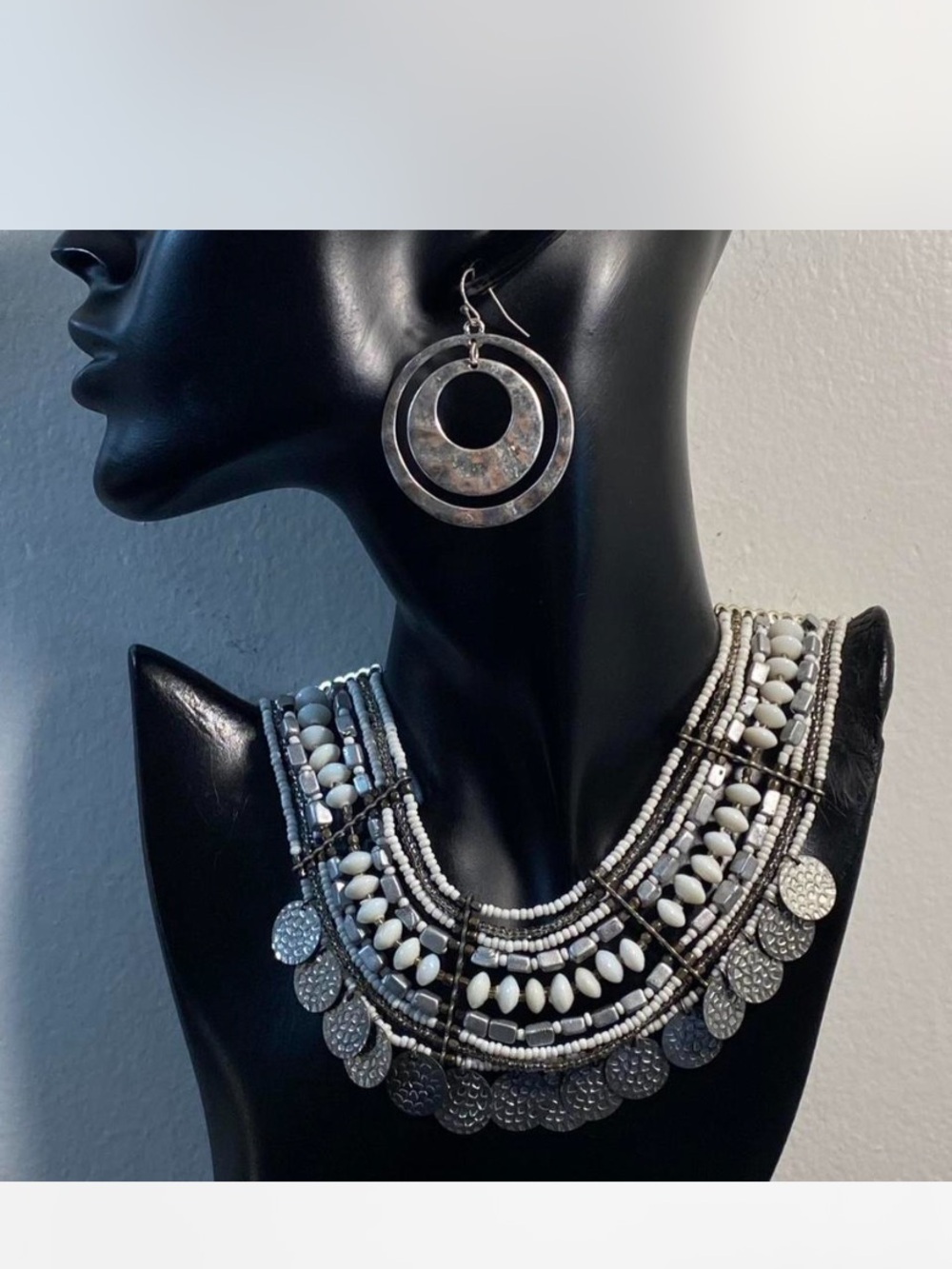 Southwestern ^*^  Crème  Beaded Statement Necklace /  Silver Hoop Earrings  ***